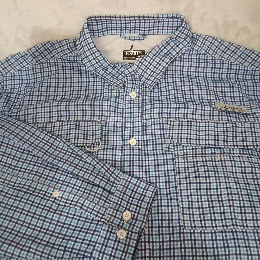 Habit Mens 2XL Blue Plaid Fishing Shirt Long Sleeve UPF 40 Vented Performance
